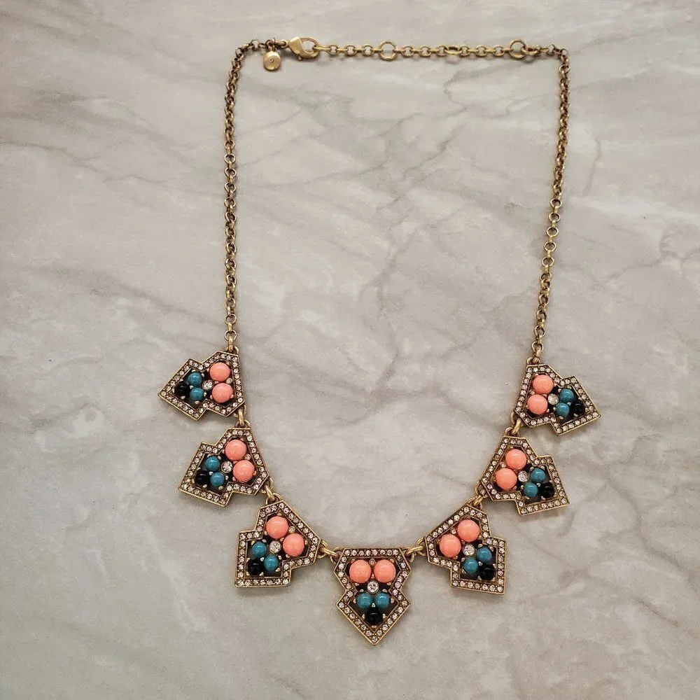 ✨ J.Crew Pave Rhinestone Crystal Blue Gold Coral Bohemian Necklace ✨